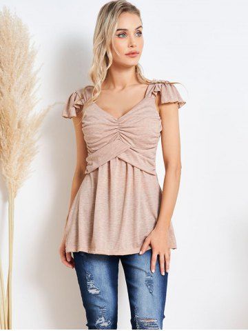 Heather Ruched Ruffle Casual Tank Top - LIGHT COFFEE - S