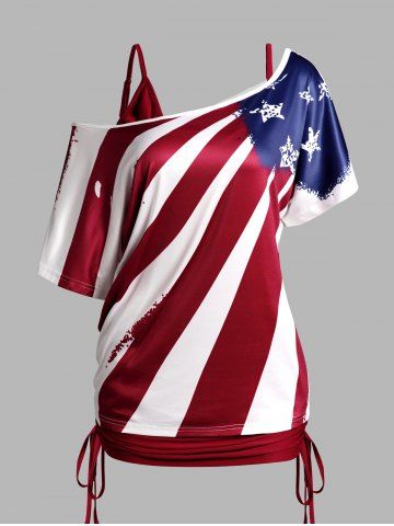 American Flag Print Skew Neck T Shirt And Plain Color Cinched Ruched Long Tank Top Set - DEEP RED - XL