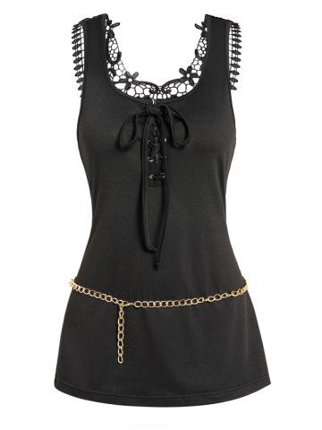 Plain Color Lace Up Hollow Out Lace Panel Chain Belted Tank Top - BLACK - XL