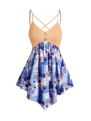 Colorblock Plaid Flower Print Mock Button Crisscross Asymmetrical Hem Tank Top - LIGHT BLUE - S