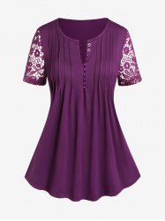 Plus Size Half Button Pintuck Lace Sleeves T-shirt -  