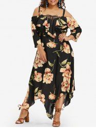 Plus Size Flower Print Lace Up Cold Shoulder Handkerchief Dress -  