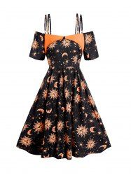 Robe Ligne A à Imprimé Etoile Lune et Soleil en Couleur Contrastée à Taille Haute à Epaule Dénudée - Noir XXL