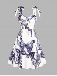 Robe Mi-Longue Ligne A à Imprimé Papillon à Taille Haute sans Manches à Lacets - Blanc XL
