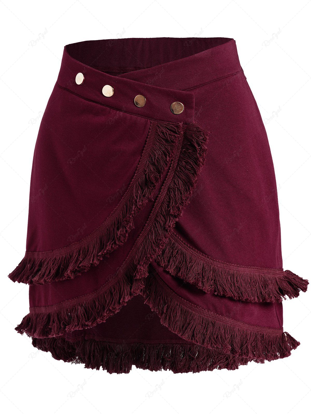 Fashion Mock Button Layered Tassel High Low Mini Skirt  