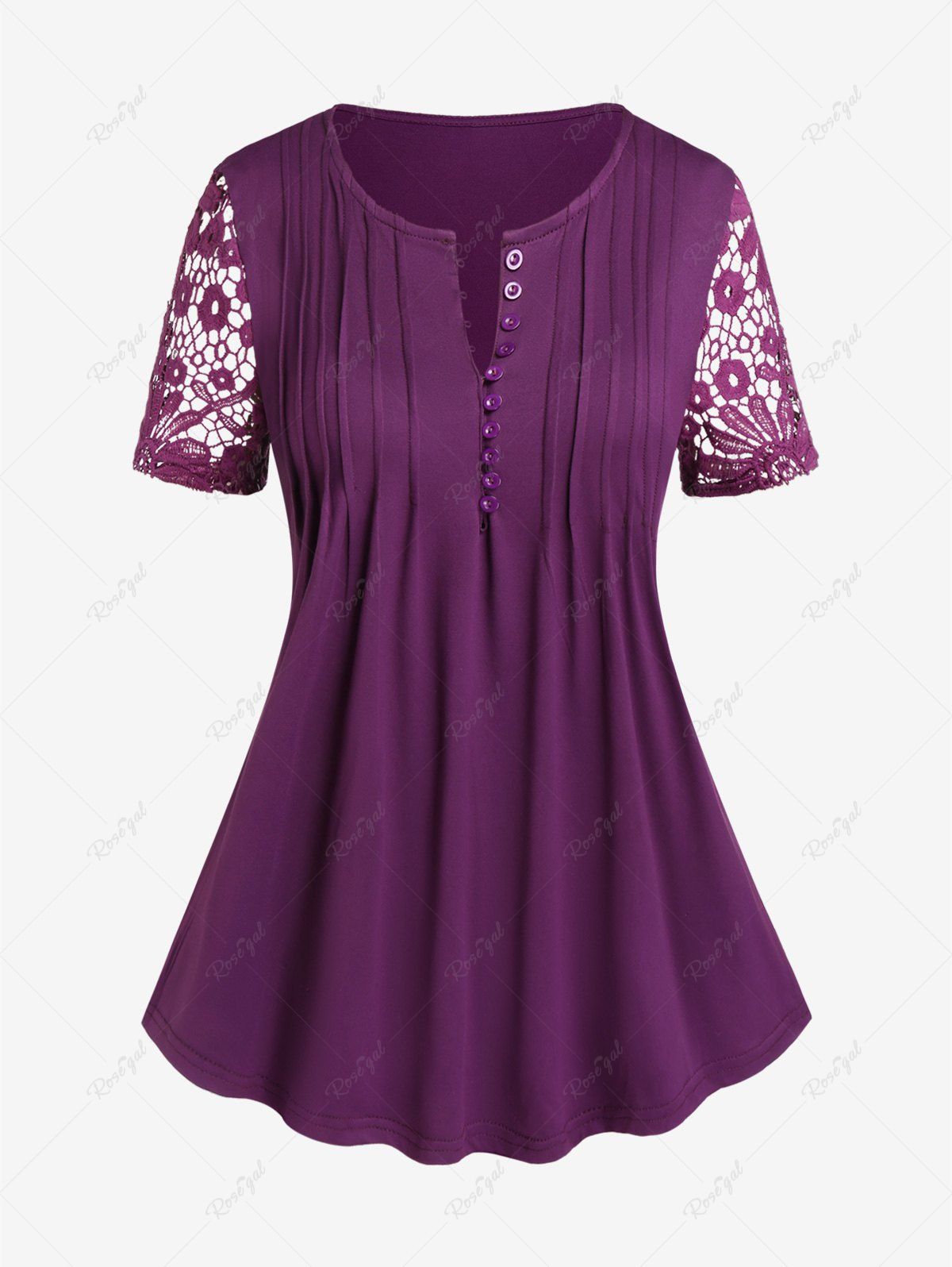 Shop Plus Size Half Button Pintuck Lace Sleeves T-shirt  