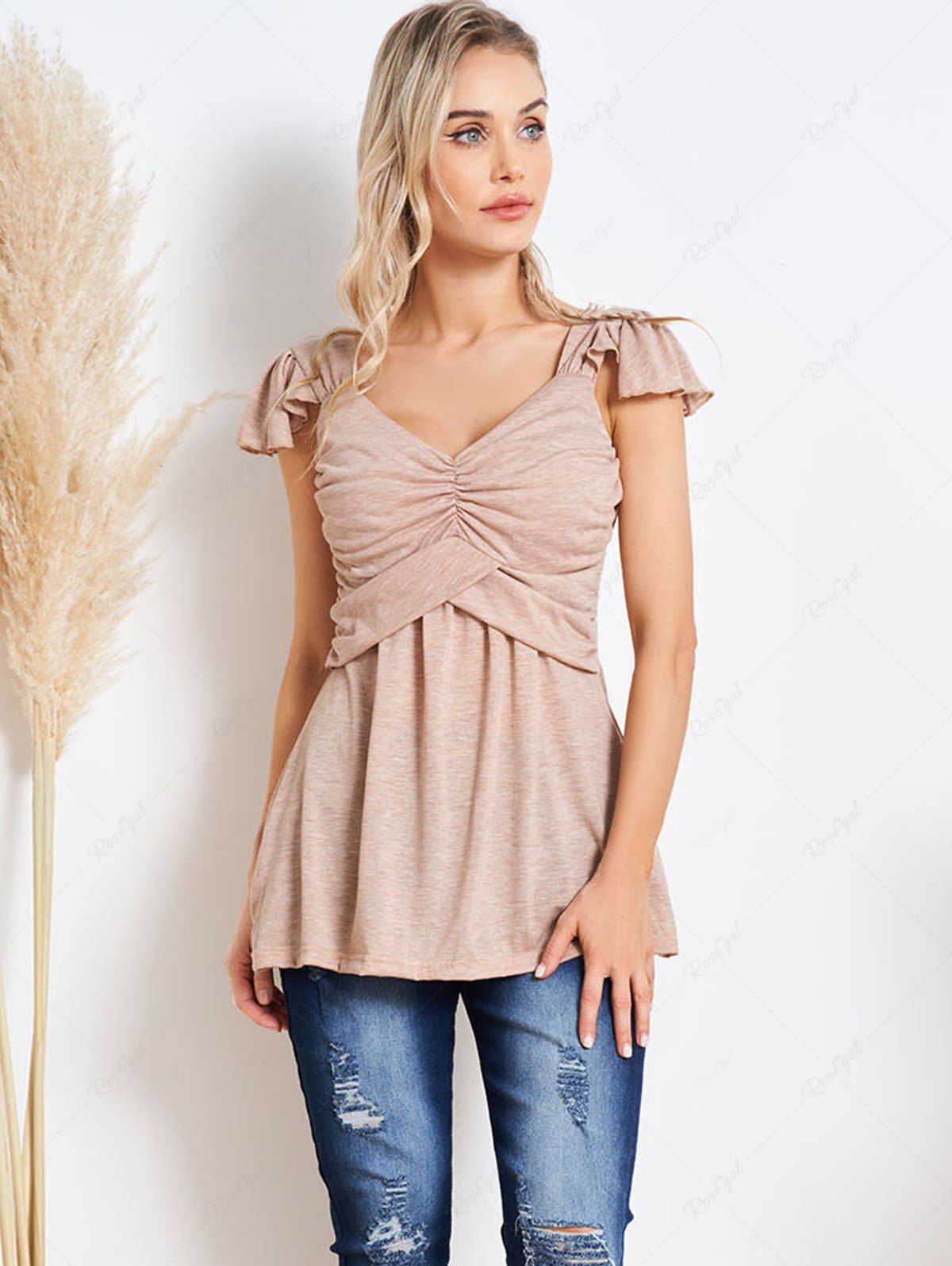 Chic Heather Ruched Ruffle Casual Tank Top  