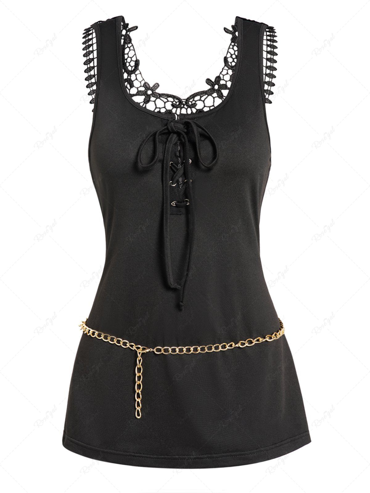 Outfit Plain Color Lace Up Hollow Out Lace Panel Chain Belted Tank Top  