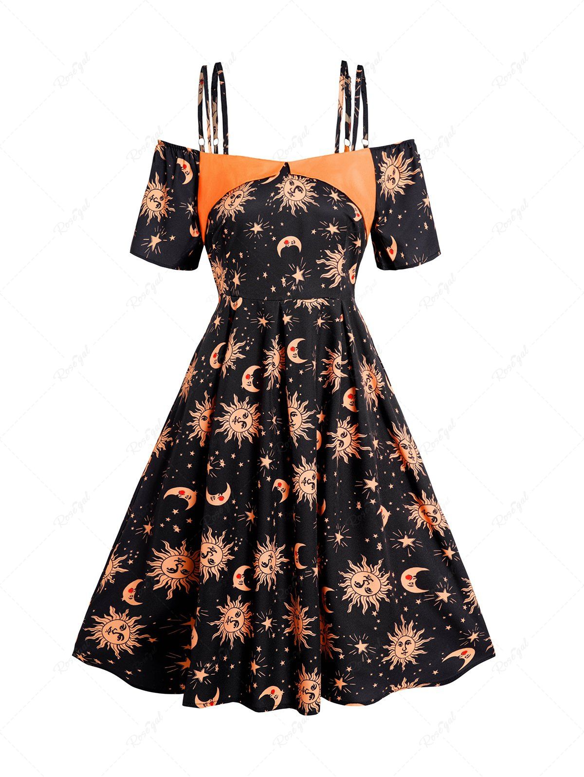 Robe Ligne A à Imprimé Etoile Lune et Soleil en Couleur Contrastée à Taille Haute à Epaule Dénudée Noir XXL