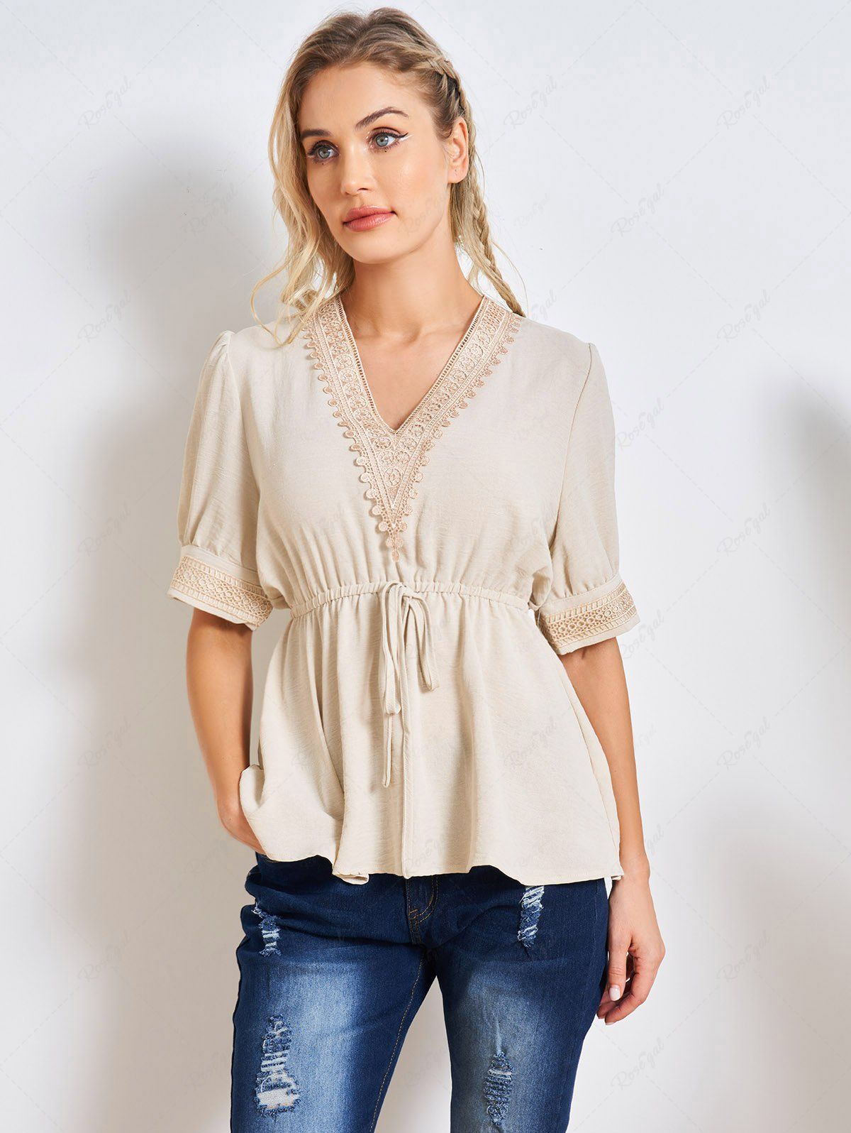 T-shirt Applique Brodé Taille à Cordon à Manches Courtes à Col V Jaune clair L