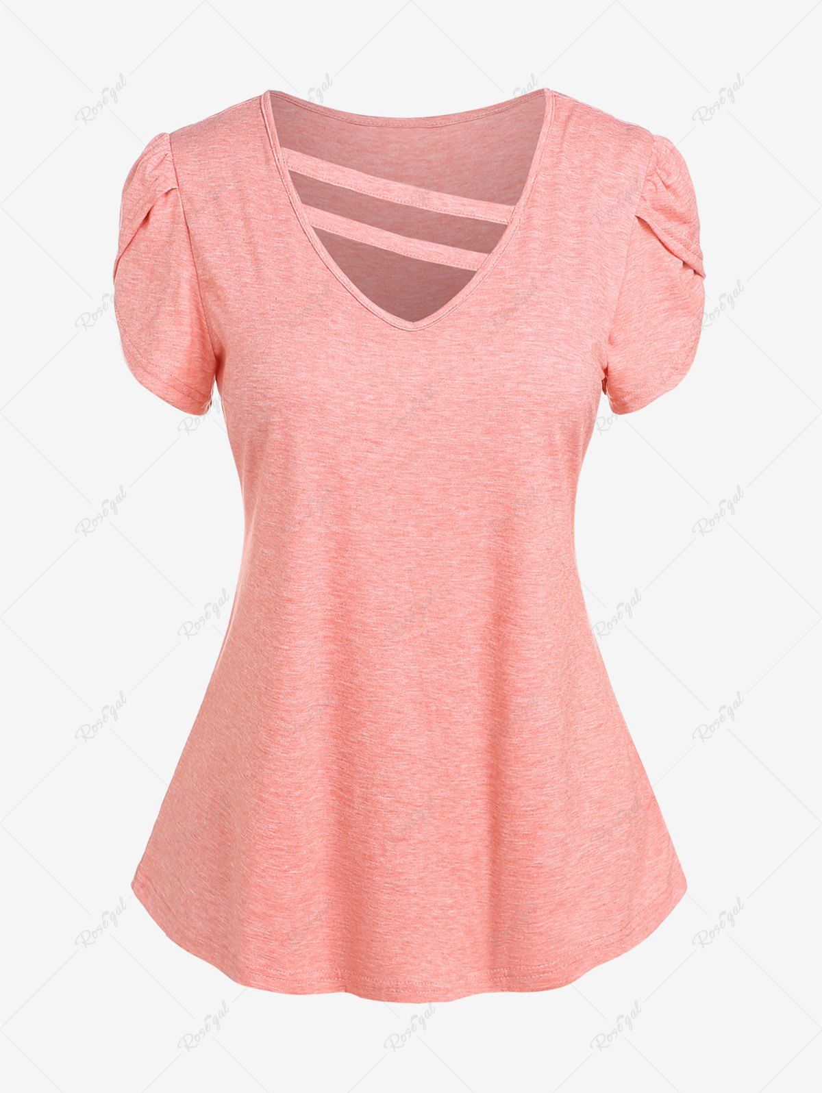 T-shirt Panneau Rayé de Grande Taille à Mancherons Rose clair XL