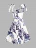 Butterfly Print Lace Up Tied Shoulder Sleeveless High Waisted A Line Midi Dress -  