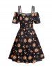 Robe Ligne A à Imprimé Etoile Lune et Soleil en Couleur Contrastée à Taille Haute à Epaule Dénudée - Noir XXL