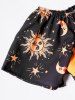 Robe Ligne A à Imprimé Etoile Lune et Soleil en Couleur Contrastée à Taille Haute à Epaule Dénudée - Noir XXL