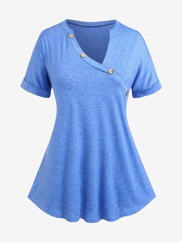 Plus Size Buttons Surplice Short Sleeves T-shirt - BLUE - 3XL