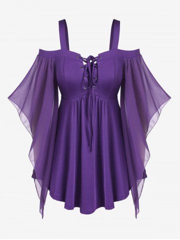 Plus Size Lace Up Butterfly Sleeves Cold Shoulder T-shirt - PURPLE - M | US 10