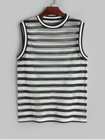 Striped Pattern Mesh Openwork Ribbed Collar Tank Top - BLACK - L