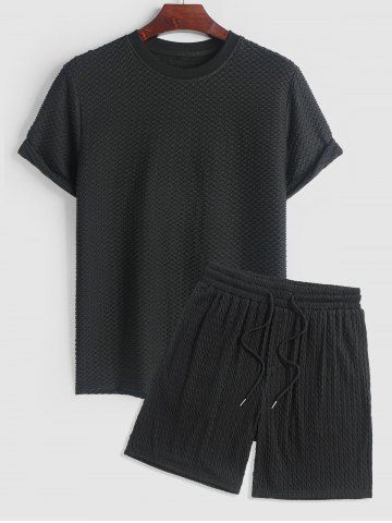 Ensemble de T-shirt Texturé en Couleur Unie à Manches Courtes et de Short Deux Pièces