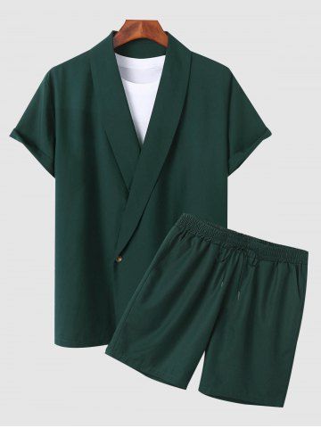 Solid Collar Single Button Shirt and Casual Shorts Set - DEEP GREEN - M