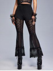 Gothic Sheer Mesh Panel Lace Lace-up Flare Pants -  