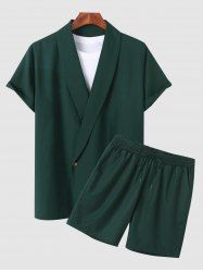 Solid Collar Single Button Shirt and Casual Shorts Set -  