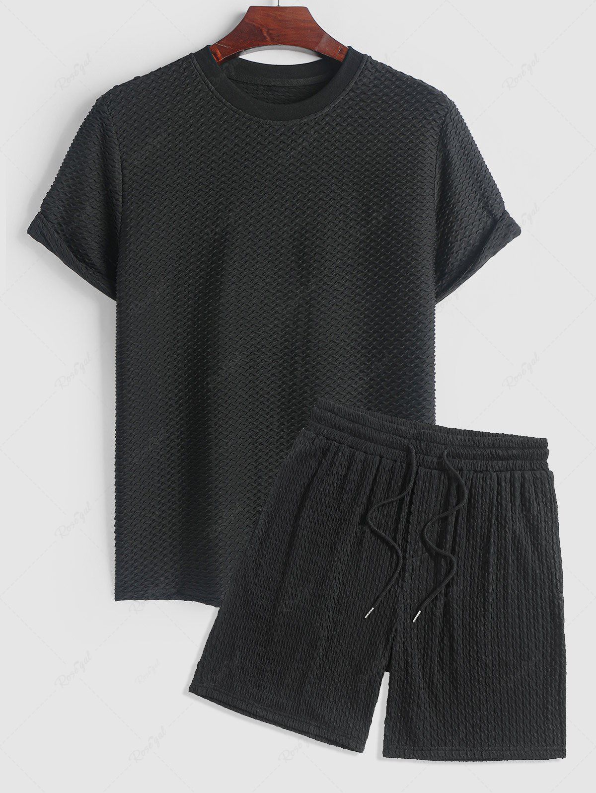 Fashion Jacquard Textured Solid Color Short Sleeves T Shirt With Shorts Two Piece Set  