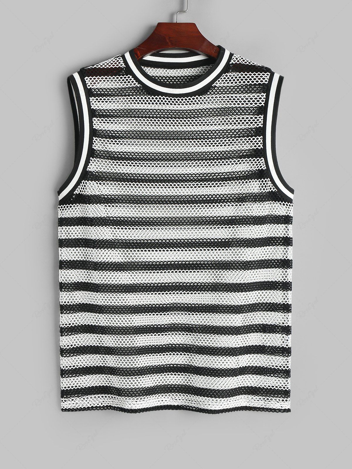 Latest Striped Pattern Mesh Openwork Ribbed Collar Tank Top  
