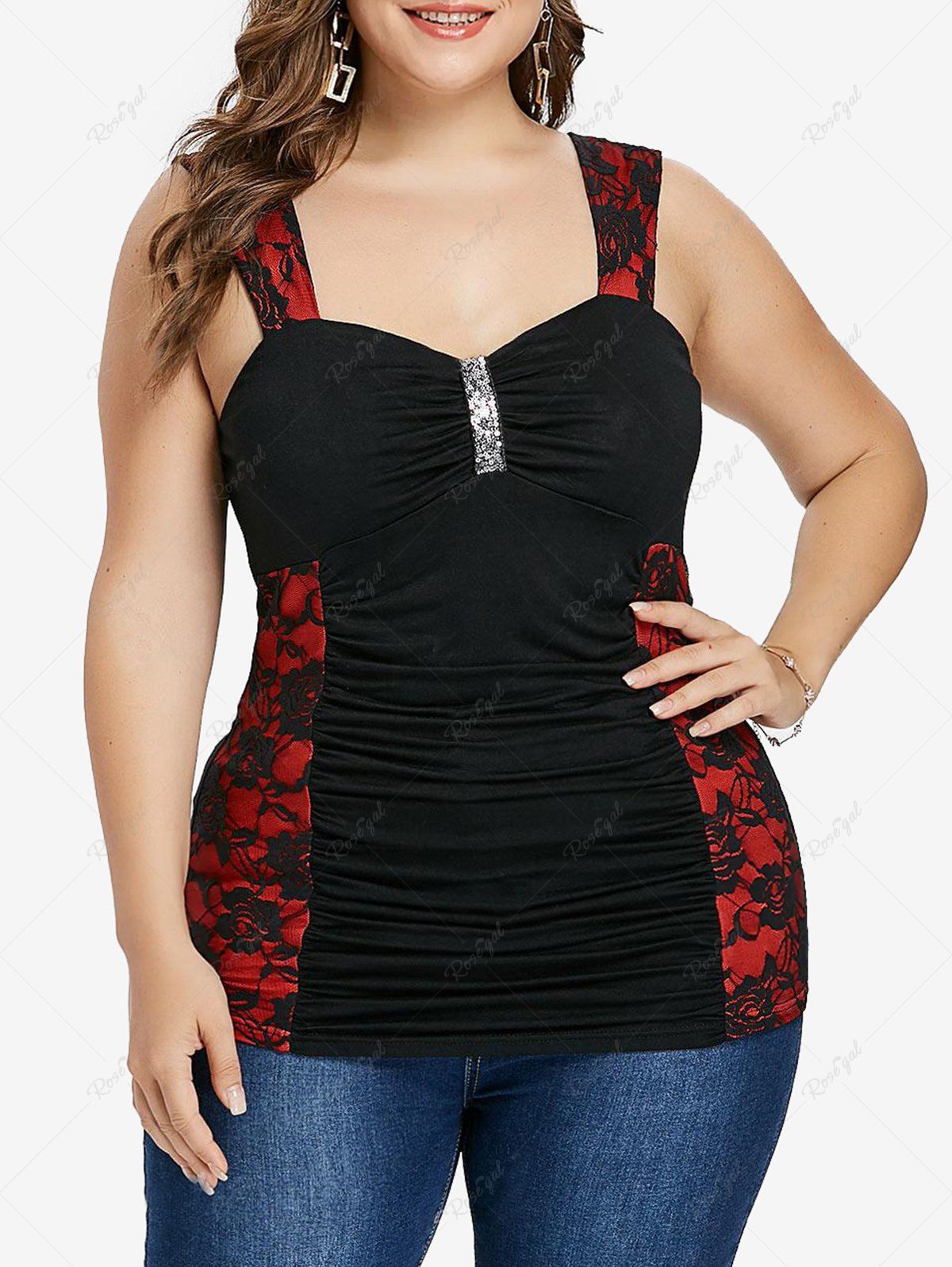 Outfits Plus Size Sparkling Sequins Panel Ruched Floral Tank Top  
