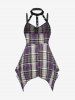 Plus Size Grommet Backless Handkerchief Plaid Halter Tank Top (Adjustable Shoulder Strap) -  