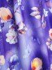 Plus Size Chain Panel Twist Flower Print Pocket Chiffon Sleeves T-shirt -  