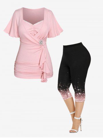 Lace Trim Ruched Ruffled Buckle Short Sleeve T-Shirt and  3D Sparkles Glitter Printed Leggings Plus Size Outfit