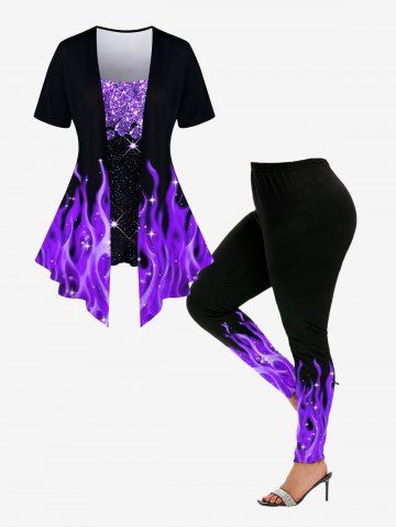 Flame Sparkling Sequin Glitter Printed Faux Two Piece T-shirt and Leggings Plus Size Matching Set