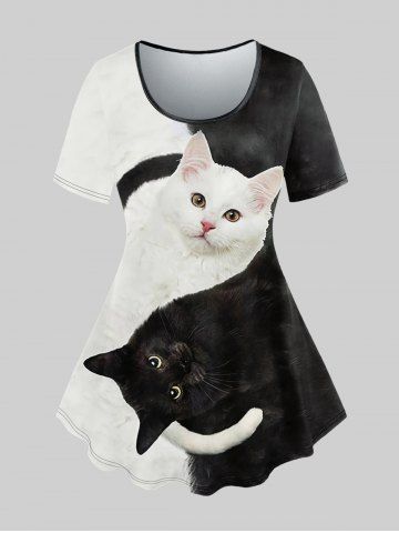 Plus Size Colorblock Cats Print Short Sleeves T-shirt - BLACK - XS | US 6