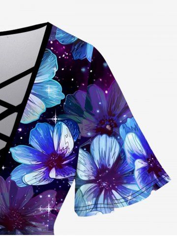Plus Size Flower Glitter Print Crisscross T-shirt