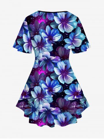 Plus Size Flower Glitter Print Crisscross T-shirt
