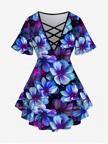 Plus Size Flower Glitter Print Crisscross T-shirt - BLUE - 2X | US 18-20