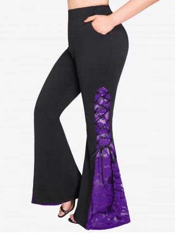 Plus Size Lace-up Pocket Sheer Lace Flare Pants - BLACK - M | US 10