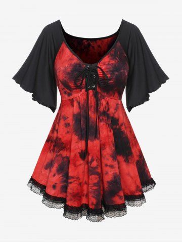 Plus Size Lace-up Tie Dye Ruched Lace Trim Butterfly Sleeves T-shirt