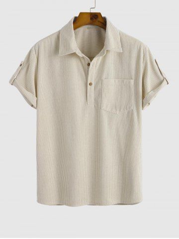 Corduroy Half Button Rolled Sleeves Pullover Short Sleeves Shirt - BEIGE - L