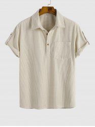 Corduroy Half Button Rolled Sleeves Pullover Short Sleeves Shirt -  