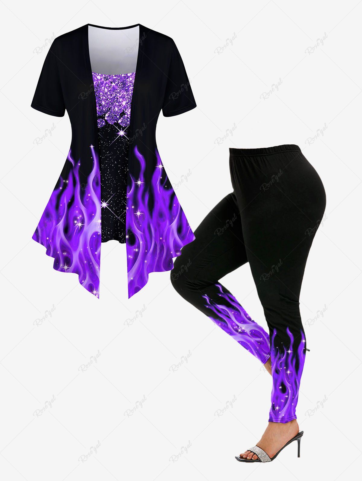 Outfit Flame Sparkling Sequin Glitter Printed Faux Two Piece T-shirt and Leggings Plus Size Matching Set  