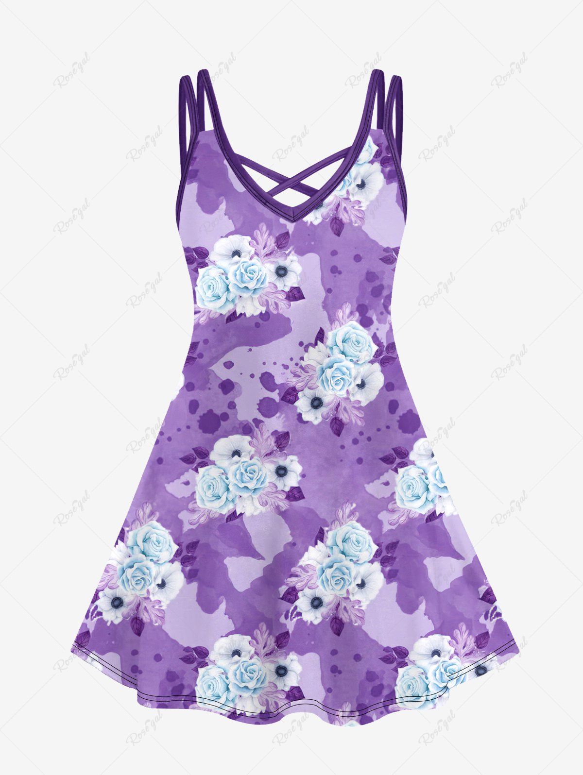 Robe Croisée Tie-Dye Imprimé à Fleurs Grande Taille Violet clair 5x | US 30-32