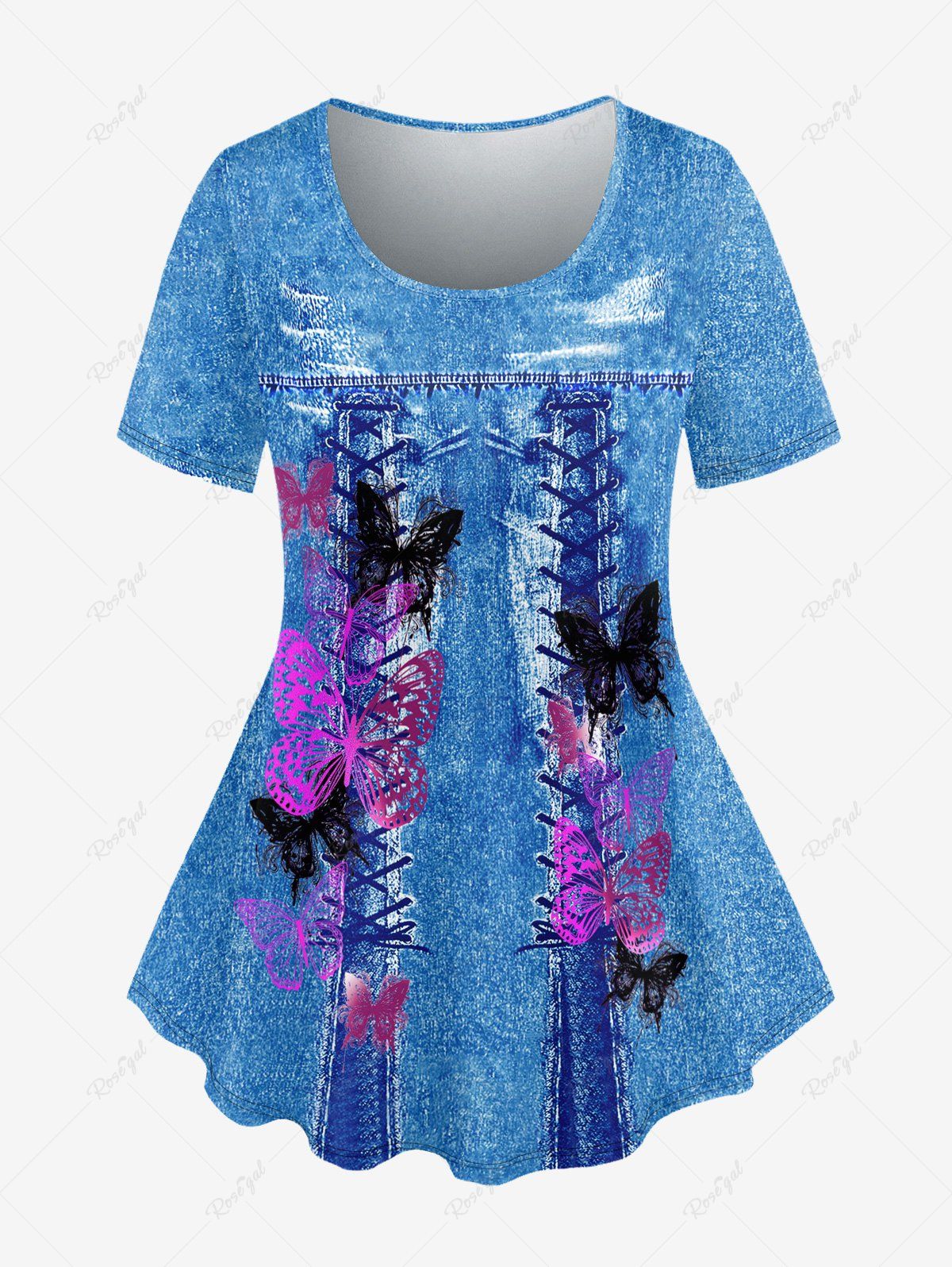 Shops Plus Size 3D Lace Up Denim Butterfly Print T-shirt  