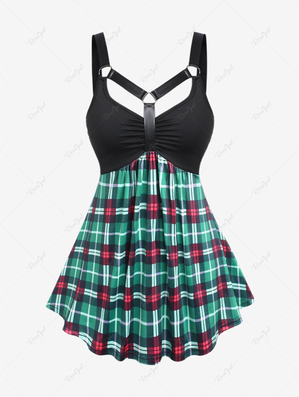 Online Plus Size O Rings PU Backless Plaid Tank Top  