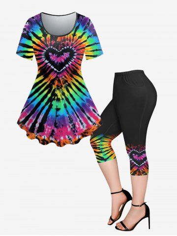 Plus Size Tie Dye Heart Printed Short Sleeves T-shirt and Leggings Outfit - MULTI