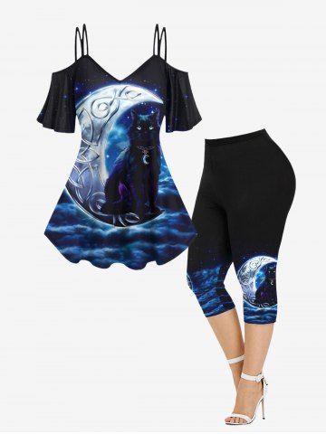 Plus Size Galaxy Moon Cloud Cat Printed Cold Shoulder Short Sleeve T-shirt and Leggings Outfit