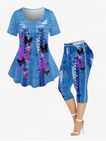 3D Lace Up Denim Butterfly Printed T-shirt and Capri Leggings Plus Size Matching Set - BLUE