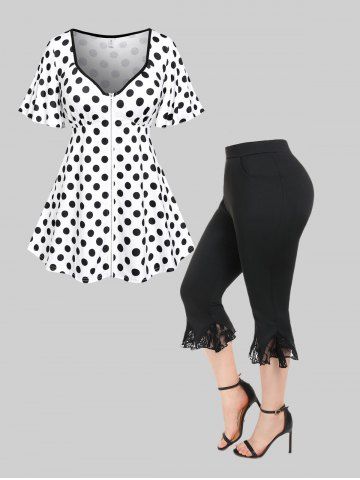 Polka Dot Zipper Short Sleeve T-Shirt and  Lace Panel Micro-flared Pants with Pocket Plus Size Outfit - BLACK