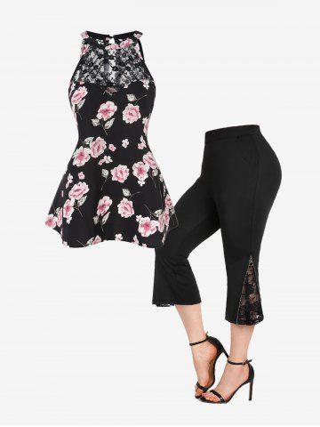 Lace Panel Floral Tank Top and Zipper Capri Pants Plus Size Summer Outfit