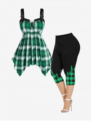 Plaid Chain Buckle Grommet Ruched Tank Top and Capri Leggings Plus Size Summer Outfit